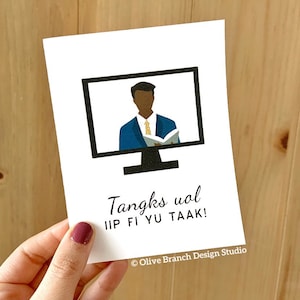 May include: A white card with a black computer monitor on it. The monitor shows a cartoon of a man in a blue suit and a tie holding a book. The text on the card reads "Tangks uol IIP FI YU TAAAK!" and "Olive Branch Design Studio".
