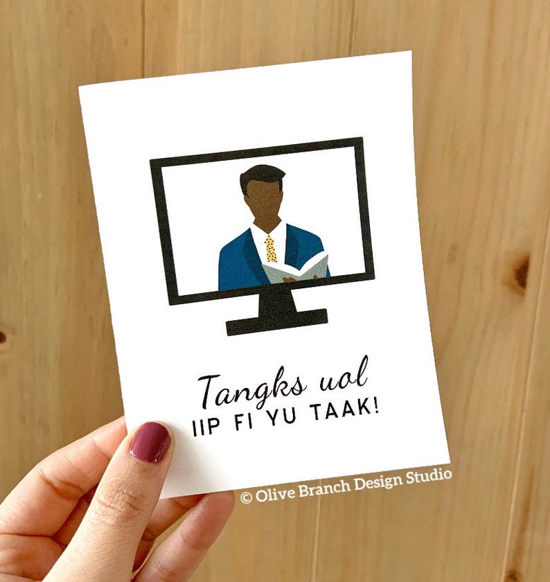 May include: A white card with a black computer monitor on it. The monitor shows a cartoon of a man in a blue suit and a tie holding a book. The text on the card reads "Tangks uol IIP FI YU TAAAK!" and "Olive Branch Design Studio".