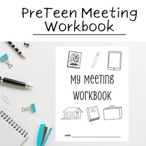 May include: Black and white printable workbook cover with the title "My Meeting Workbook" and illustrations of a house, a book, a suitcase, a pencil, and a tablet. The text "Name:" is at the bottom of the page.