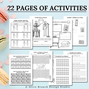 May include: Black and white printable activity pages for kids. The pages feature activities like coloring, mazes, and word searches. The pages are titled "Seamos Mejores Maestros", "Estudio de la Atalaya", "Tesoros de la Biblia", and "Ayuda a la Familia a Llegar al Salon del Reino".