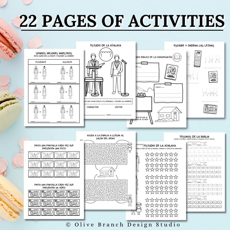 May include: Black and white printable activity pages for kids. The pages feature activities like coloring, mazes, and word searches. The pages are titled "Seamos Mejores Maestros", "Estudio de la Atalaya", "Tesoros de la Biblia", and "Ayuda a la Familia a Llegar al Salon del Reino".