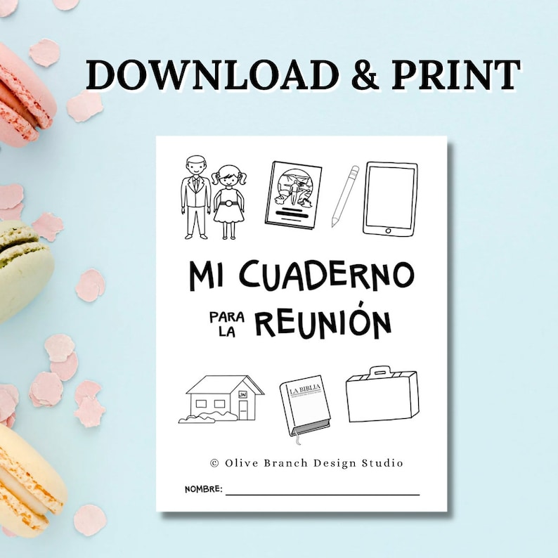 May include: Black and white printable notebook cover with the text "MI CUADERNO PARA LA REUNI&Oacute;N" and illustrations of a house, a book, a suitcase, a tablet, a pencil, a man and a woman. The text "NOMBRE:" is at the bottom of the page.