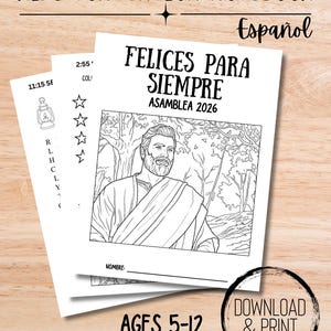 May include: A stack of white paper notebooks with the text "KIDS CONVENTION NOTEBOOK" and "Español" at the top. The notebooks have the text "FELICES PARA SIEMPRE ASAMBLEA 2026" and a black and white illustration. The notebooks are for ages 5-12.