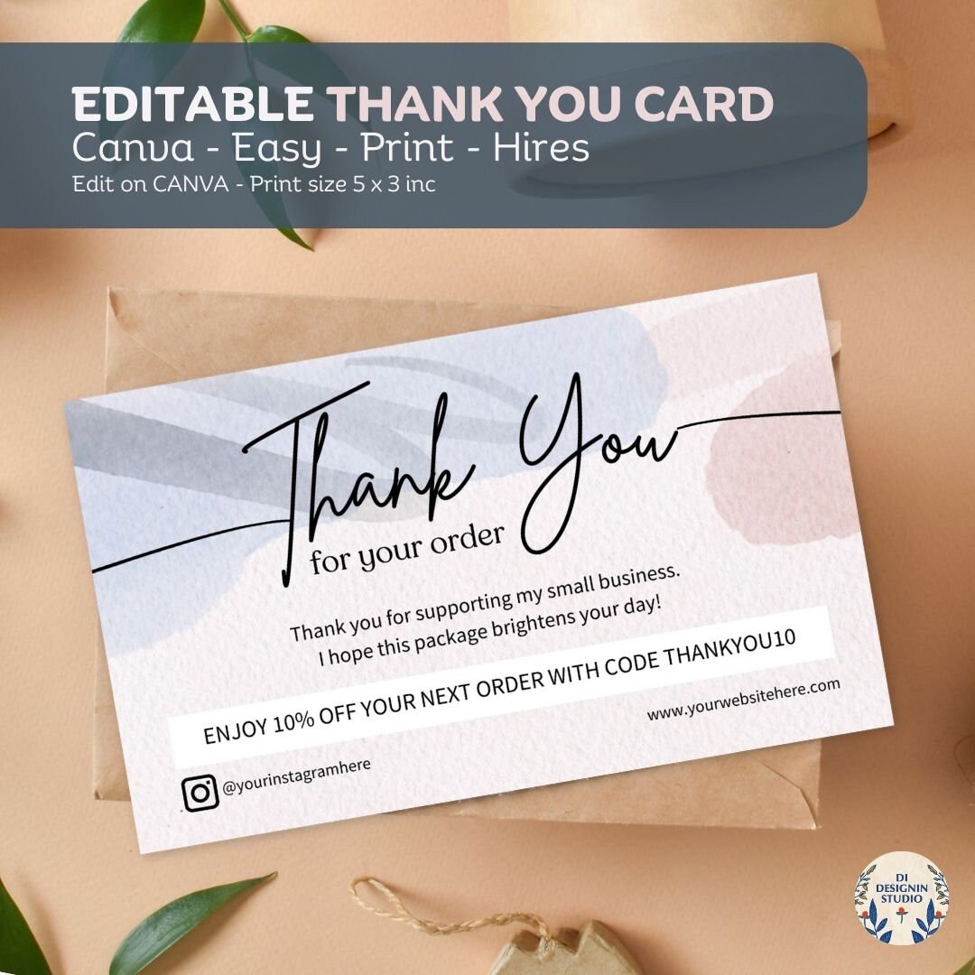 Pink Blue Watercolor Thank You Card for Small Business Canva Editable ...