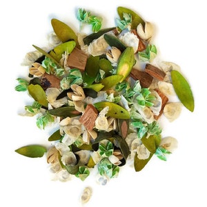 May include: A mix of dried botanicals and wood pieces in shades of green, brown, and white. The botanicals include leaves, flowers, and pods.