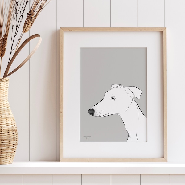 Impression d'art moderne de portrait de lévrier | Dessin au trait contemporain de race de chien lévrier | Différentes couleurs d'arrière-plan disponibles