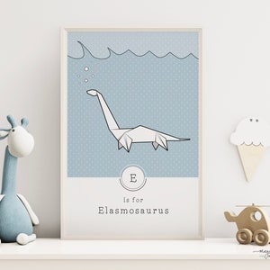 Elasmosaurus Origami dinosaurio arte impresión / decoración geométrica del dormitorio del niño / niño y niña pastel vivero pared arte / regalo de dinosaurio bebé recién nacido