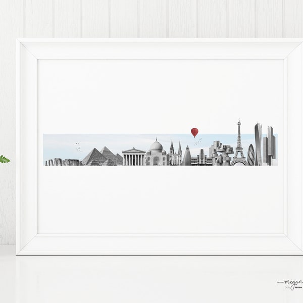 Architecturale chronologie kunstafdruk | Architectuurreiscadeau | Minimale en moderne iconische gebouwen skyline illustratie