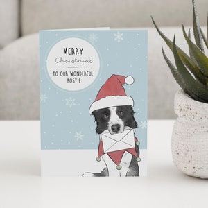 Tarjeta navideña ilustrada con el cartero Border Collie, "Feliz Navidad a nuestro maravilloso cartero", tarjeta de felicitación festiva para una mujer que se dedica al correo