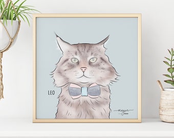 Illustrated Cat Headshot Portrait Commission | Bespoke Pet Art Illustration Drawn from Photo | Unique Gift for Cat Owner | Megan Does Design
