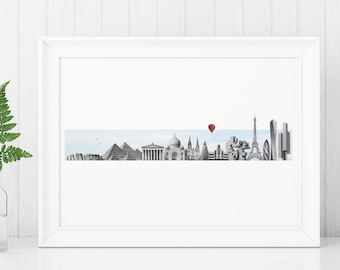 Puede incluir: Una ilustración en blanco y negro de monumentos famosos de todo el mundo, incluyendo la Torre Eiffel, las grandes pirámides de Giza y el Taj Mahal. Un globo aerostático rojo flota sobre el horizonte.