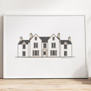 May include: A black and white line drawing of a large, white house with a gray roof. The house has multiple windows and a front door. The text "Dunvegan House (1790s)" is printed below the house.