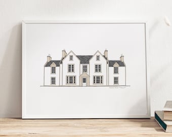 Geïllustreerd portret Stemster House | Halkirk, Caithness Schotse trouwlocatie Art Print | A5, A4 en A3 liggend