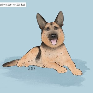 Illustration of a German Shepherd lying down on a cool blue background with a tongue out. Text reads: "Background Colour: #11 Cool Blue" and "Jeter.