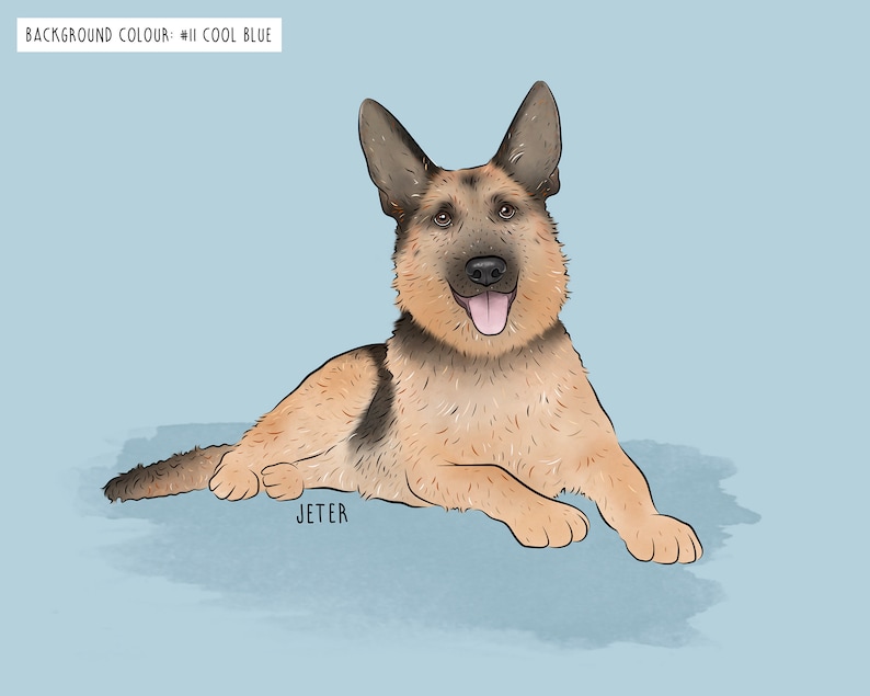 Illustration of a German Shepherd lying down on a cool blue background with a tongue out. Text reads: "Background Colour: #11 Cool Blue" and "Jeter.