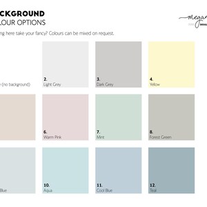 Graphic displaying background color options with nine colour swatches, each labeled with its respective name and a corresponding number. Colours include variations of grey, pink, yellow, green, and blue.