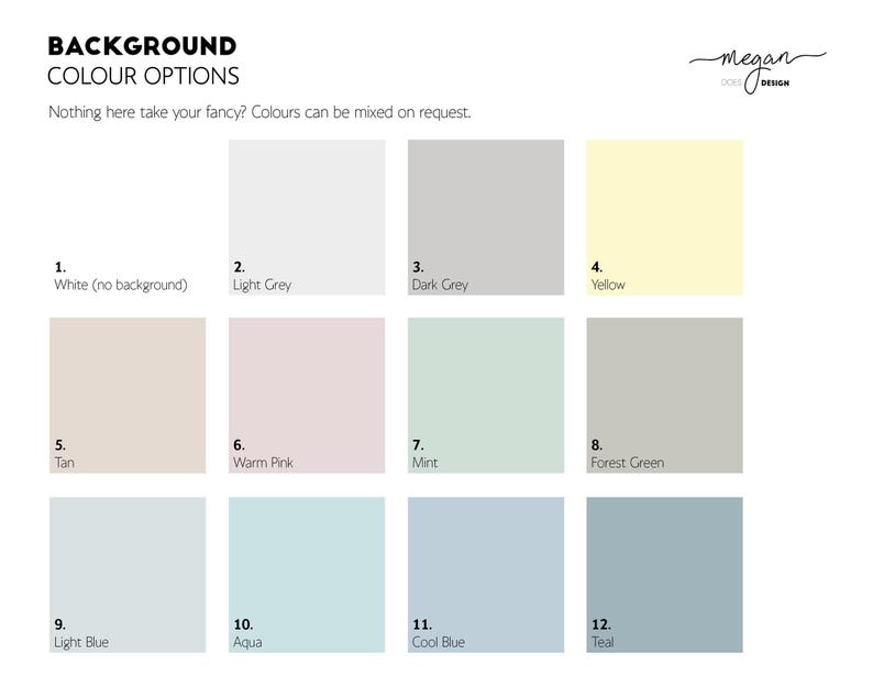 Graphic displaying background color options with nine colour swatches, each labeled with its respective name and a corresponding number. Colours include variations of grey, pink, yellow, green, and blue.
