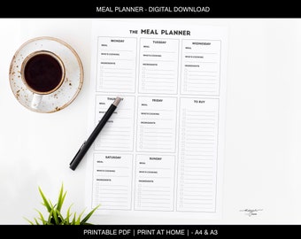 Weekelijkse maaltijdplanner | Minimalistisch printbaar digitaal direct te downloaden | A4 & A3 PDF | Esthetische familiemenu-organizer | Sjabloon voor maaltijdvoorbereiding