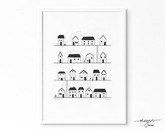 Little Houses 2 Illustrated Art Print | A4 & A3 Scandi Inspired Ink Illustration | Minimal Monochrome Black and White Wall Art