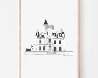 Carlowrie Castle Edinburgh geïllustreerde kunstafdruk | Schotse trouwlocatie inkt handgetekende minimale afbeelding | A5, A4, A3 Gebouwportret
