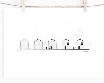 Little Houses Illustrated Landscape Art Print | A3 & A4 Houses Illustration | Minimal Monochrome Black and White Wall Art | Row on Street