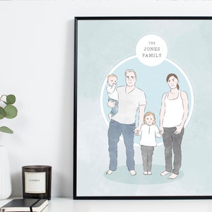 Custom Illustrated Family Portrait Print Personalised Family or Couple Art Commission Drawn From Photos Family Gift Idea 9. Light Blue