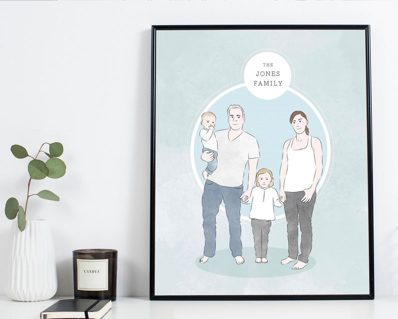 Custom Illustrated Family Portrait Print Personalised Family or Couple Art Commission Drawn From Photos Family Gift Idea 9. Light Blue