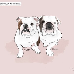 Two bulldogs, labeled Violet and Klaus, are illustrated on a warm pink background.