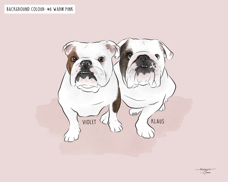 Two bulldogs, labeled Violet and Klaus, are illustrated on a warm pink background.