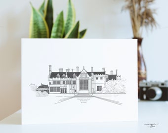 Rhinefield House Hotel Brockenhurst Illustrated Print | English Wedding Venue Ink Art Illustration | A4 & A3 Landscape