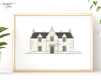 Geïllustreerd portret Killiehuntly boerderij | Kingussie Schotse trouwlocatie Art Print | A5, A4 en A3 liggend