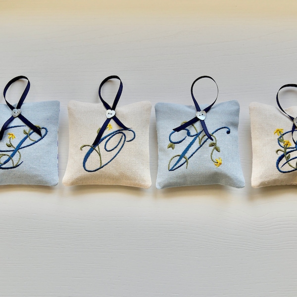 Lavender Bag/Sachet - Embroidered with Monogram - 10cm square - Custom Order Handmade in UK - Supports Birmingham Hospice