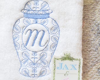 ginger jar embroidery design, Ginger Jar Chinoiserie floral monogram, vintage style machine embroidery file, Grandmillenial embroidery