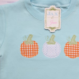 May include: A light blue t-shirt with three embroidered pumpkins. Two pumpkins are orange and white gingham and one is white with blue polka dots. The shirt has a tag that says "Jax & Jane".