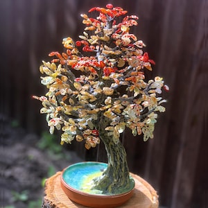 Autumn Beaded Tree Sculpture 12.2&quot;х7.8&quot; – Handmade Wire and Bead Bonsai – Fall Decor Tree – Crystal Gem Tree for Home or Office Gift