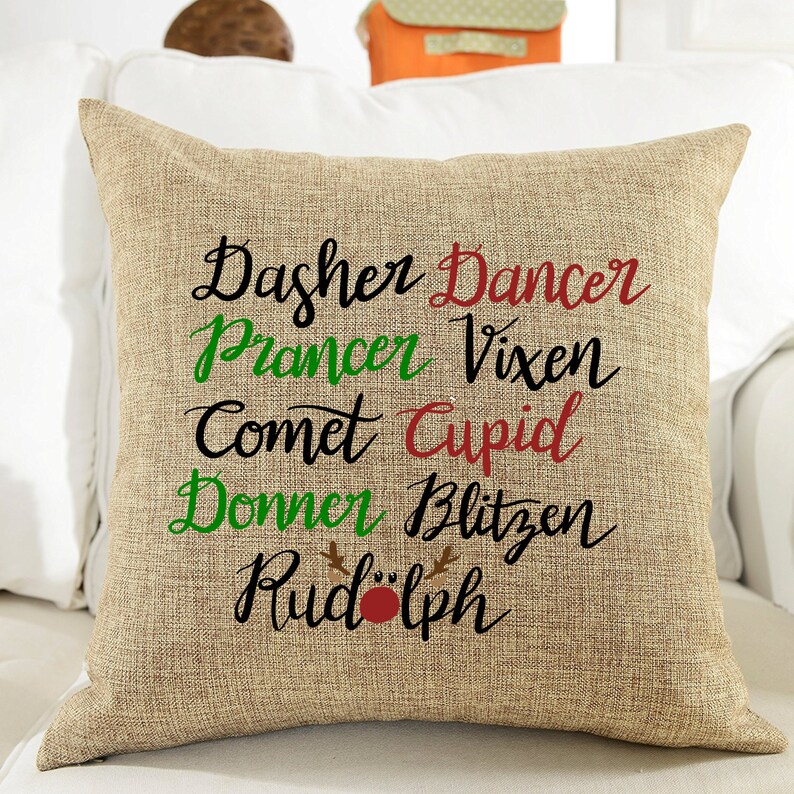 Decorative Pillow Cover Reindeer Names Rudolph Pillow Cover- White Elephant Gift Farm Pillow Cover Christmas gift Christmas Pillow Cover
