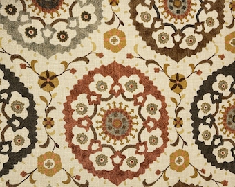Brown Cotton Medallion LINEN SPICE Drapery Upholstery Pillow Cushion Fabric - 1.875 Yards