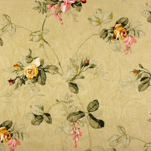 May include: A close-up of a floral pattern featuring yellow, pink, and red roses with green leaves and stems. The flowers are set against a light yellow background with a subtle textured design. The overall aesthetic is reminiscent of vintage fabric.