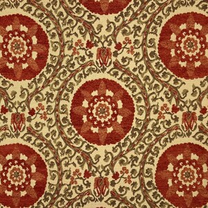 May include: A seamless fabric pattern with a repeating design of red and green floral motifs on a cream background.