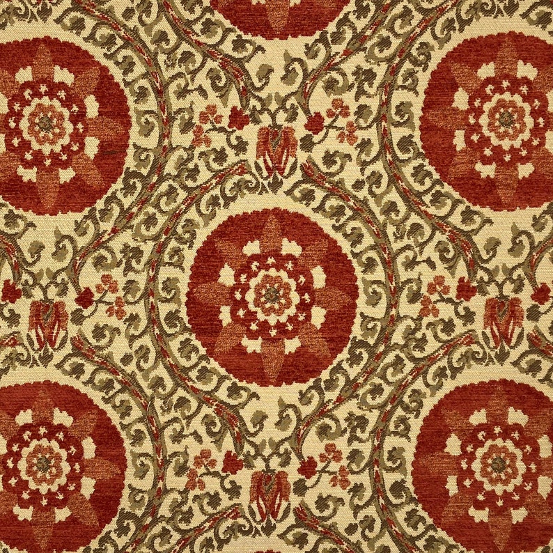 May include: A seamless fabric pattern with a repeating design of red and green floral motifs on a cream background.