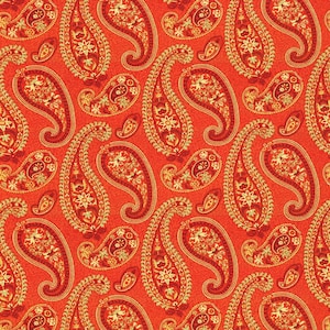 May include: A seamless pattern featuring paisley designs in shades of orange, red, and yellow. The paisley shapes are intricate and detailed, creating a rich and vibrant pattern.