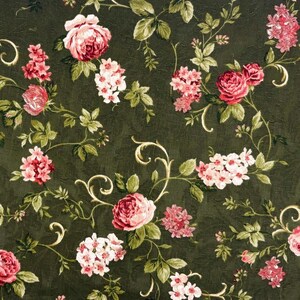 May include: A dark olive green fabric featuring a repeating floral pattern of pink and white roses, small clusters of light pink blossoms, and delicate green leaves connected by thin, swirling golden-yellow vines across the textured surface.
