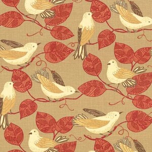 May include: A fabric pattern featuring cream-colored birds with yellow wings perched on thin, winding branches. The design includes numerous red leaves with intricate, dark-lined patterns set against a solid, light brown textured background.