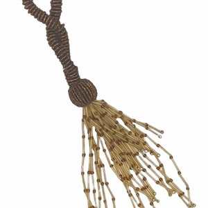 May include: A brown beaded tassel with a loop at the top. The tassel is made of small, brown beads and has a long, flowing fringe of beige beads.