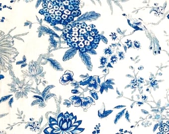 Blue Floral Bird Toile Linen Drapery Pillow Upholstery Fabric: Waverly Lucchese Cielo - 1.375 Yards