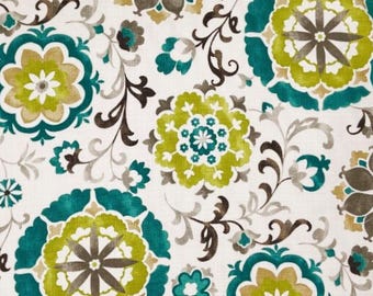 Teal Geometric Floral Suzani Cotton Drapery Curtain Upholstery Pillow Fabric: Mill Creek Renette Oasis - By the Yard