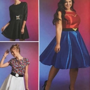 May include: Simplicity sewing pattern number 8396, size US 20W-28W, talla euro 46-54, taille fr 48-50. The pattern includes three different dress designs: a black dress with a belt, a white skirt with a black belt and a colorful printed top, and a blue skirt with a red top and a gold belt.