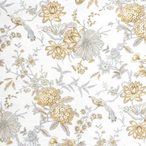 May include: A white background with a repeating pattern of brown and gray floral designs. The pattern includes stylized birds, leaves, and flowers.