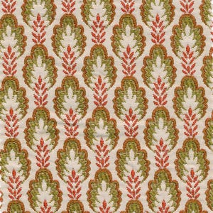 May include: A woven fabric featuring a repeating damask-style pattern in olive green and burnt orange on a cream-colored background. The design consists of stylized leaf-like shapes arranged in vertical columns with intricate thread textures.