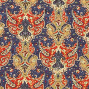 May include: A fabric pattern featuring a dense, repeating paisley design in shades of deep navy blue, vibrant orange-red, and muted gold. The intricate motif includes swirling teardrop shapes, floral elements, and ornate botanical filigree.